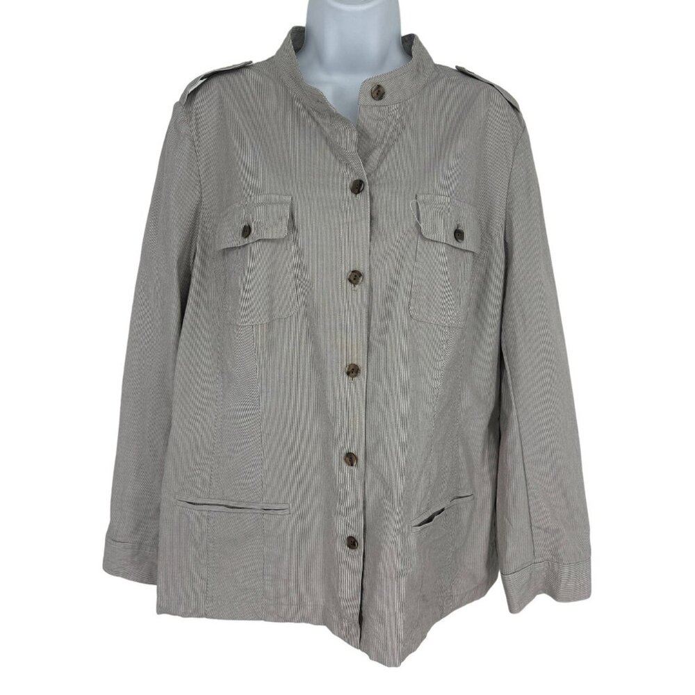 J Jill  Pinstripe Cotton Stretch Button Up Mandarin Collar Jacket Size L